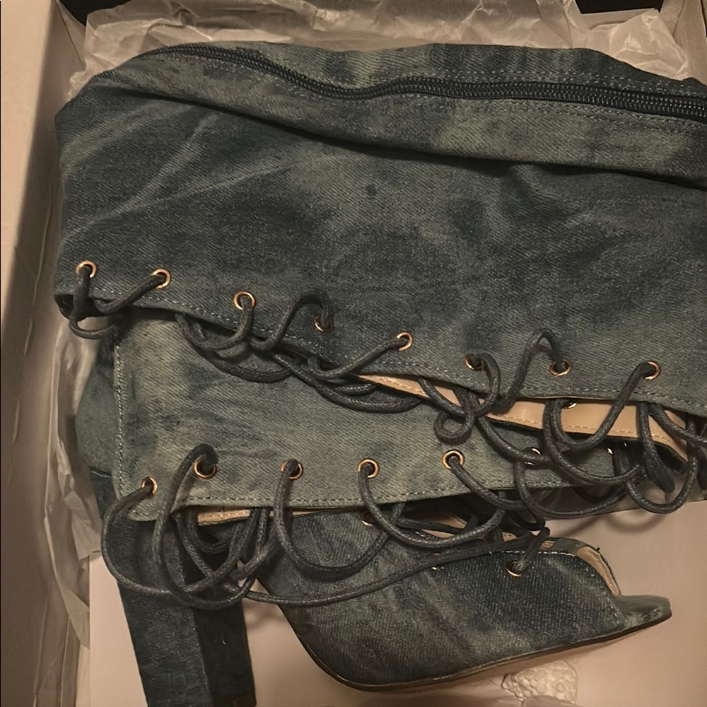 Denim Lace-Up Peep Toe Heels